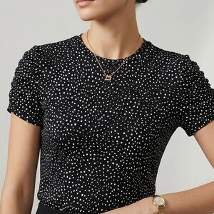 MAX MARA Polka Dot Ruched Cap Sleeve Jersey Top Black White